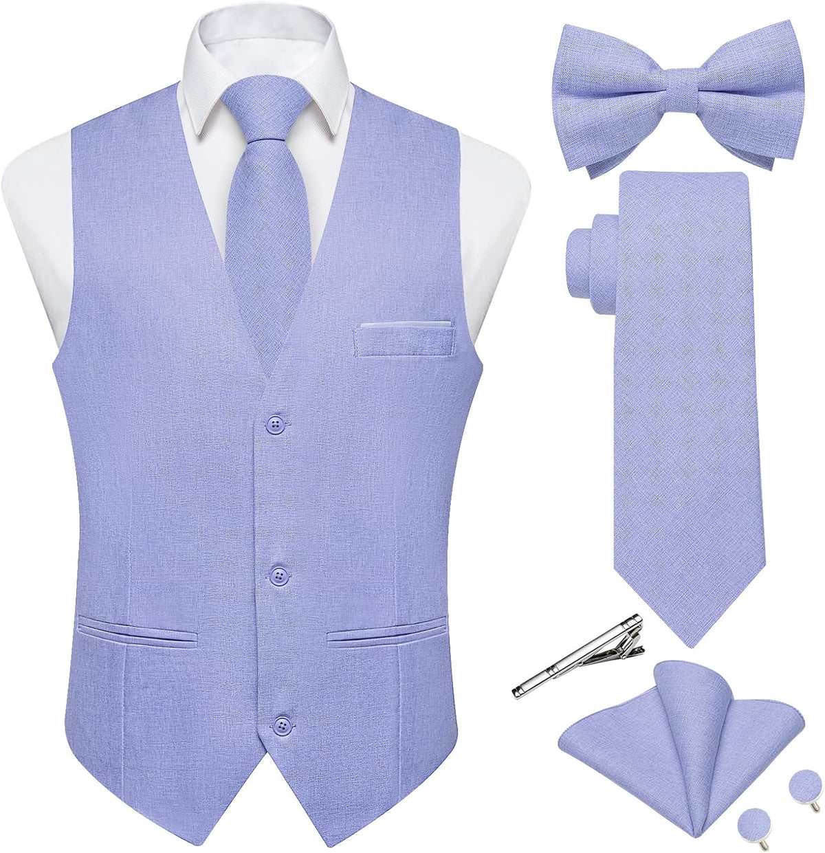 Men's Linen Suit Vest Set - Six-Piece Solid Waistcoat with Tie and Bow Tie for Weddings and Prom - Small