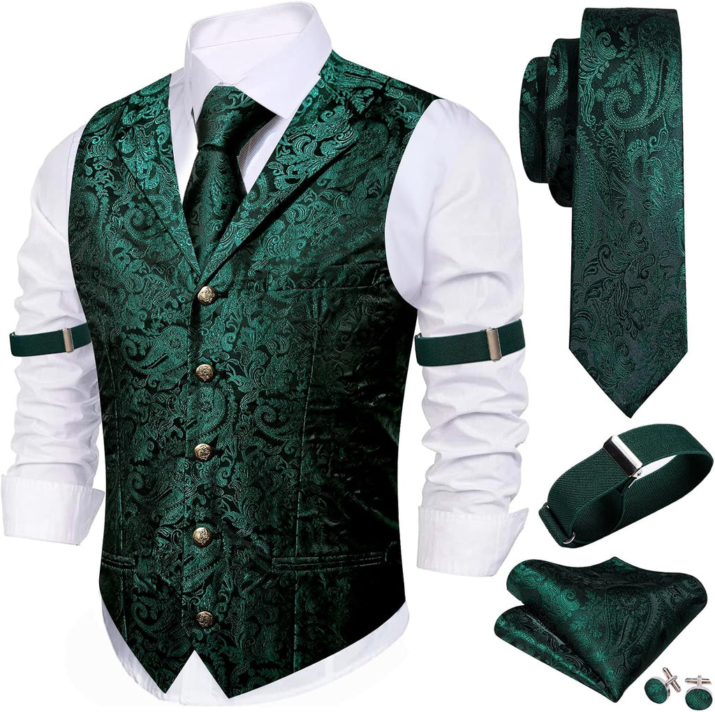 Men's Silk Paisley Suit Vest Set - Five-Piece Shawl Collar Waistcoat with Tie, Handkerchief and Cufflinks - Small