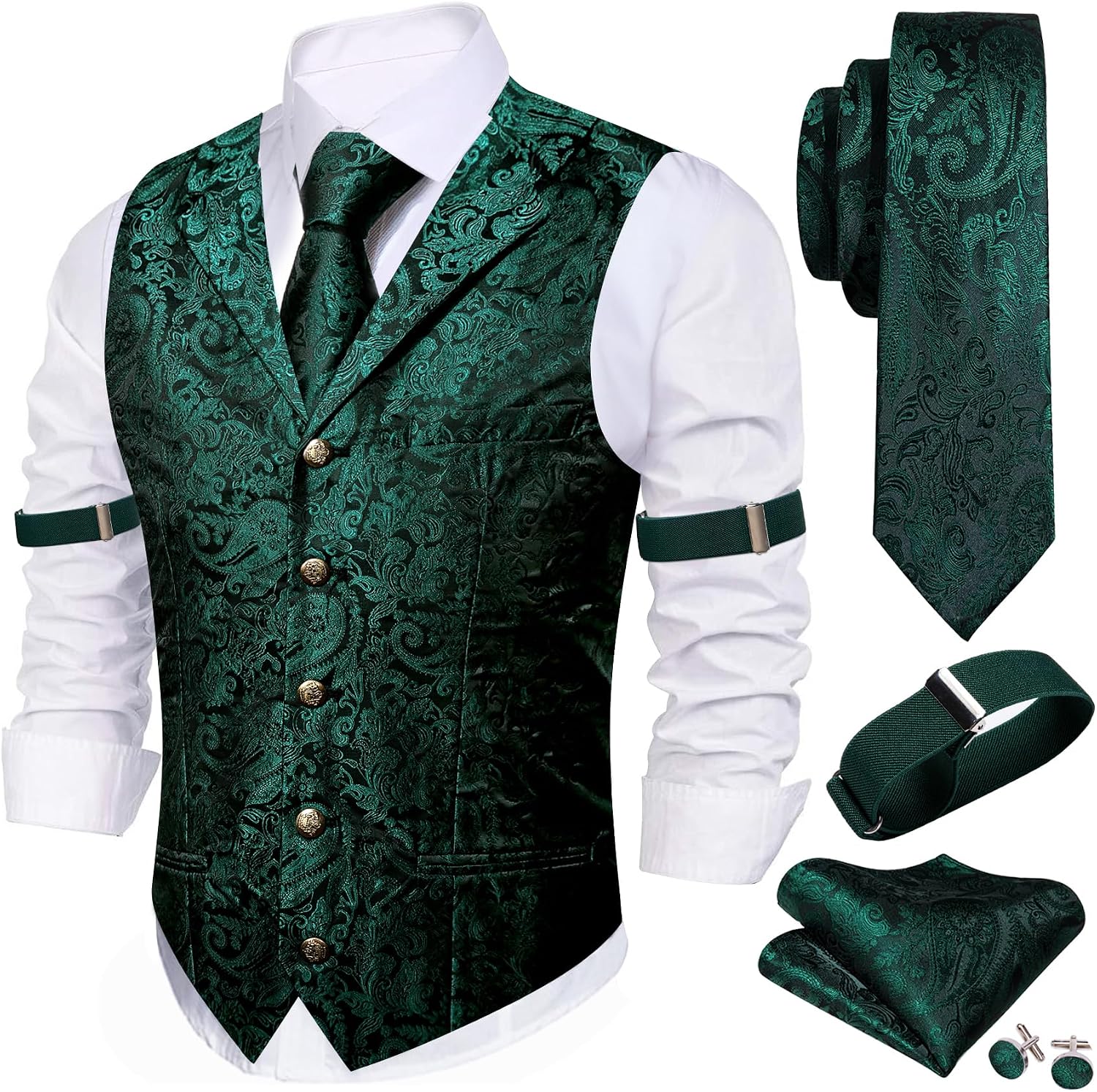 Men's Silk Paisley Suit Vest Set - Five-Piece Shawl Collar Waistcoat with Tie, Handkerchief and Cufflinks - Small