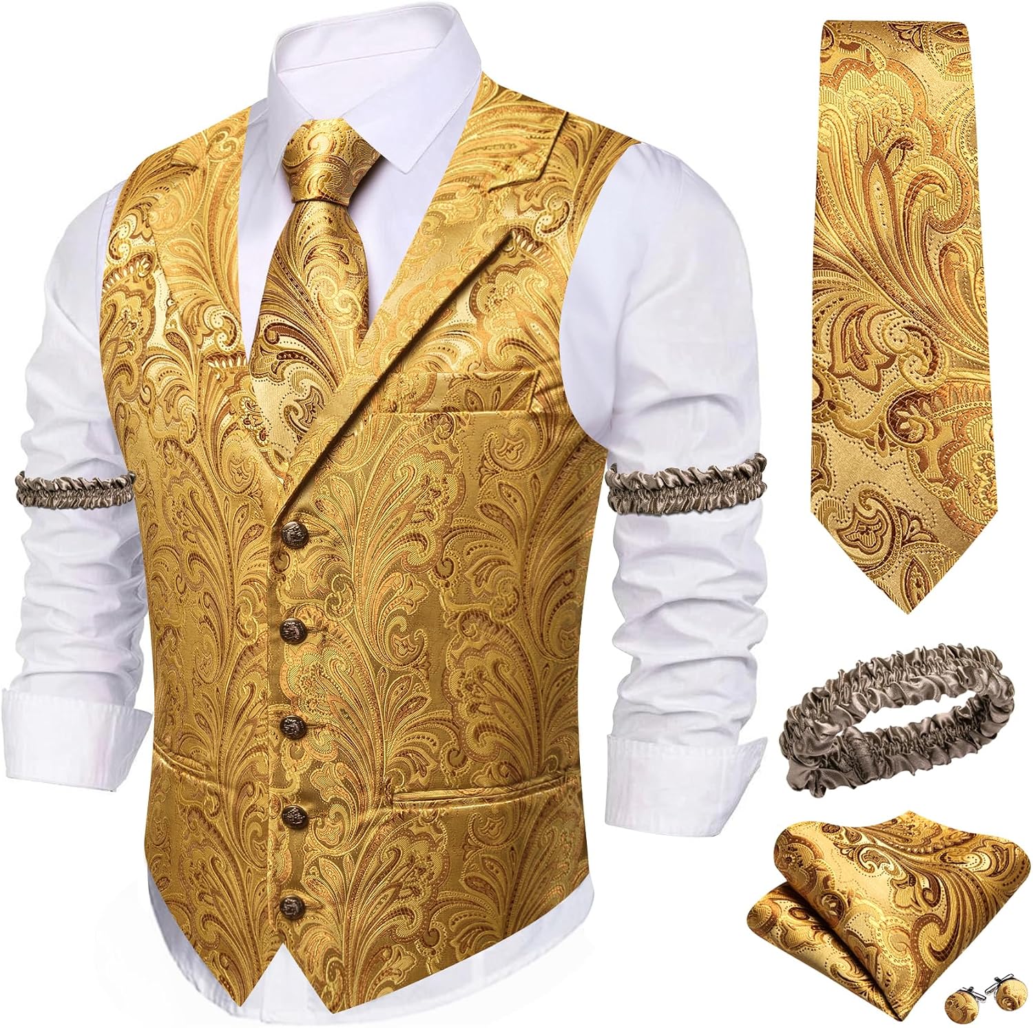 Men's Silk Paisley Suit Vest Set - Five-Piece Shawl Collar Waistcoat with Tie, Handkerchief and Cufflinks - Large