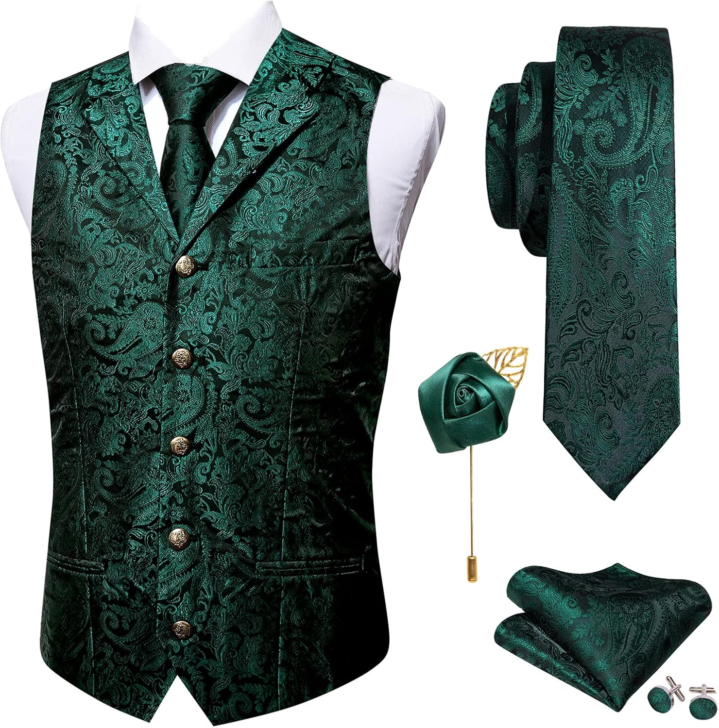Men's Silk Paisley Suit Vest Set - Five-Piece Shawl Collar Waistcoat with Tie, Handkerchief and Cufflinks - Medium