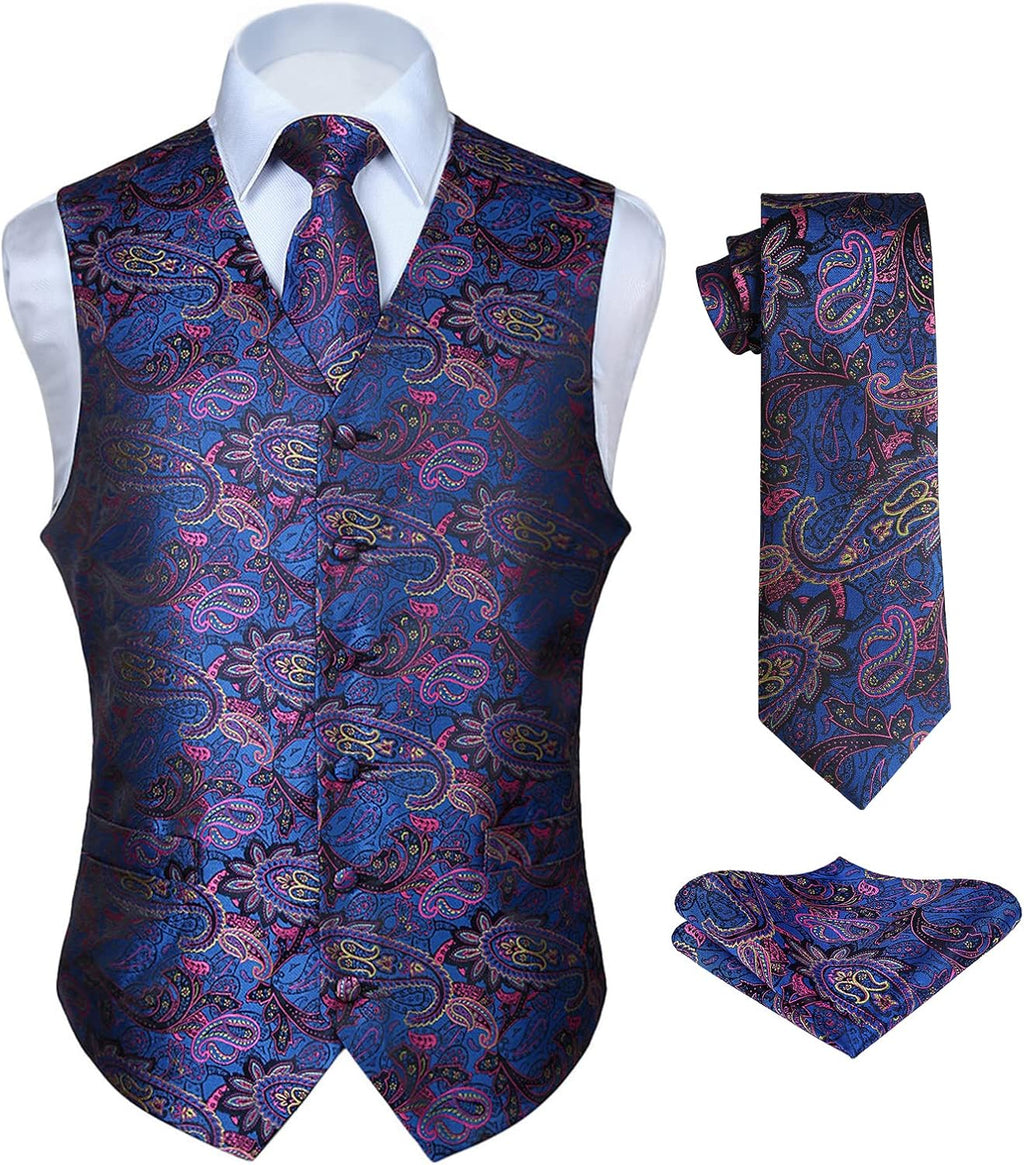 Men's Three-Piece Vest and Tie Set - Paisley Jacquard Waistcoat with Necktie and Pocket Square - Medium