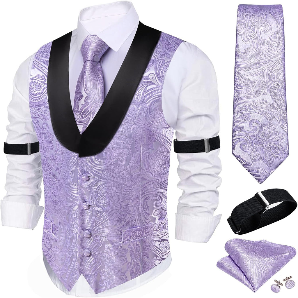 Men's Silk Paisley Suit Vest Set - Five-Piece Shawl Collar Waistcoat with Tie, Handkerchief and Cufflinks - Medium