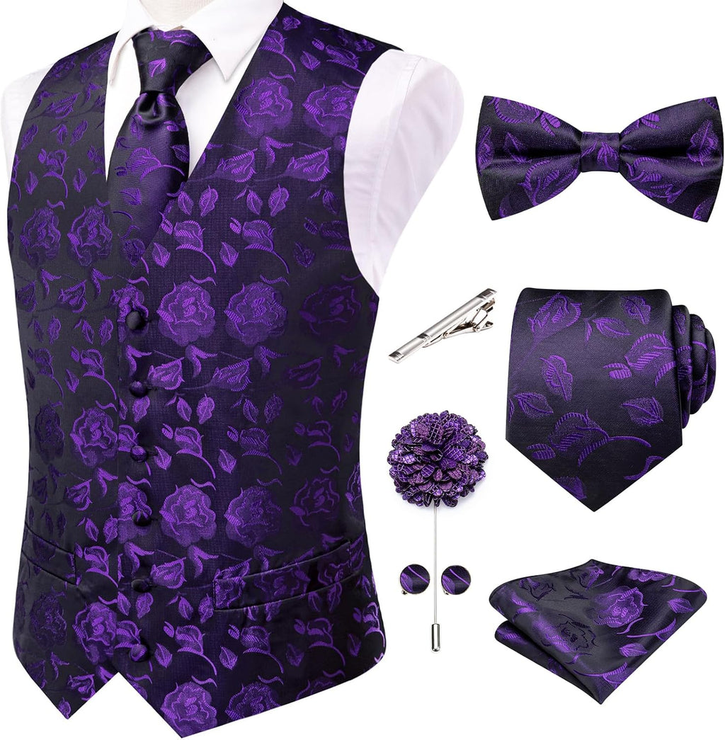 Men's Silk Jacquard Suit Vest Set - Five-Piece Slim Fit Waistcoat, Tie and Bow Tie for Weddings - Medium