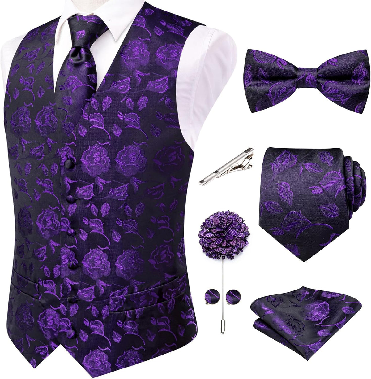 Men's Silk Jacquard Suit Vest Set - Five-Piece Slim Fit Waistcoat, Tie and Bow Tie for Weddings - Medium