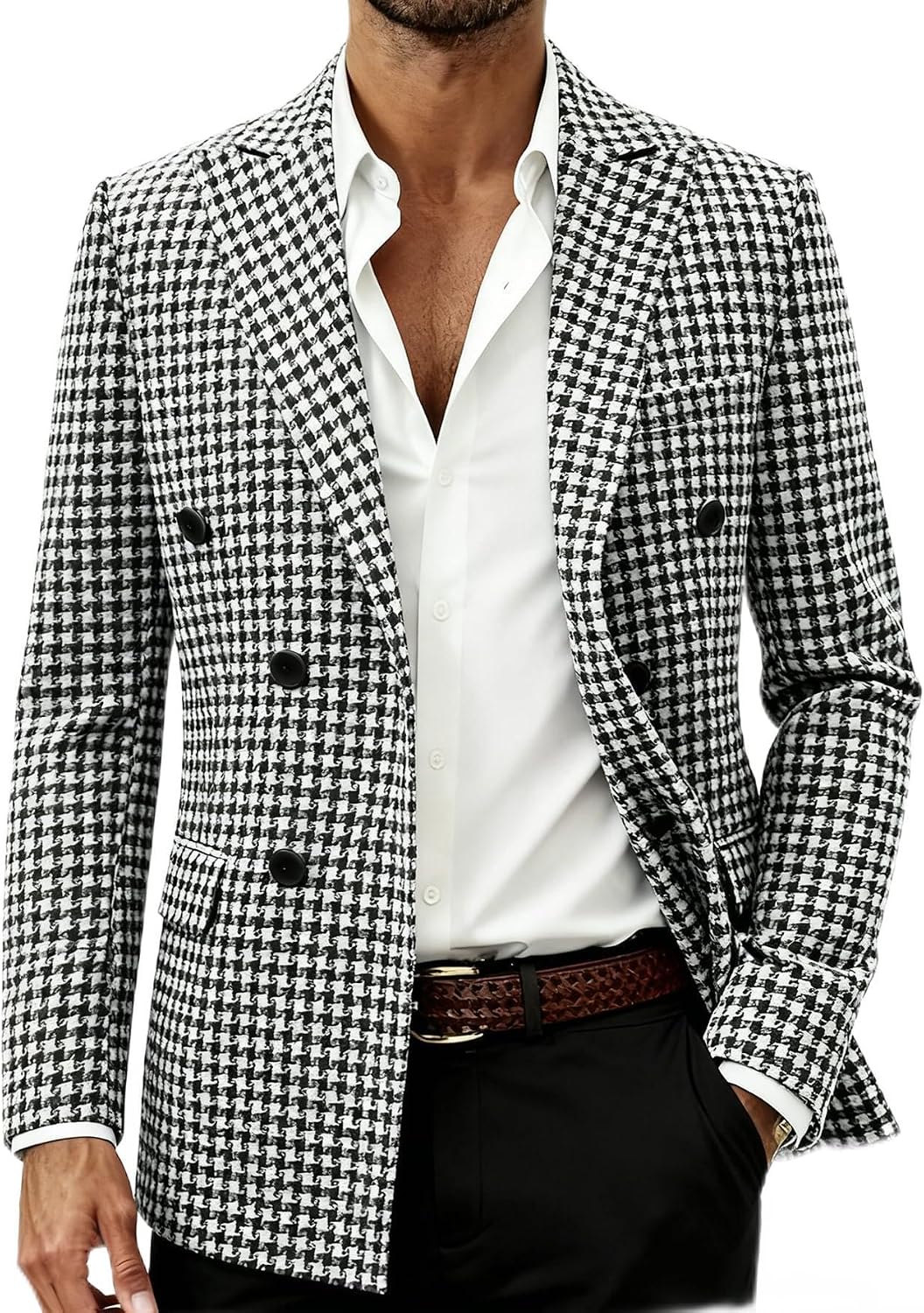 Men's Houndstooth Suit Jacket - Slim Fit Double-Breasted Lapel Coat for Parties and Tuxedo Events - Small