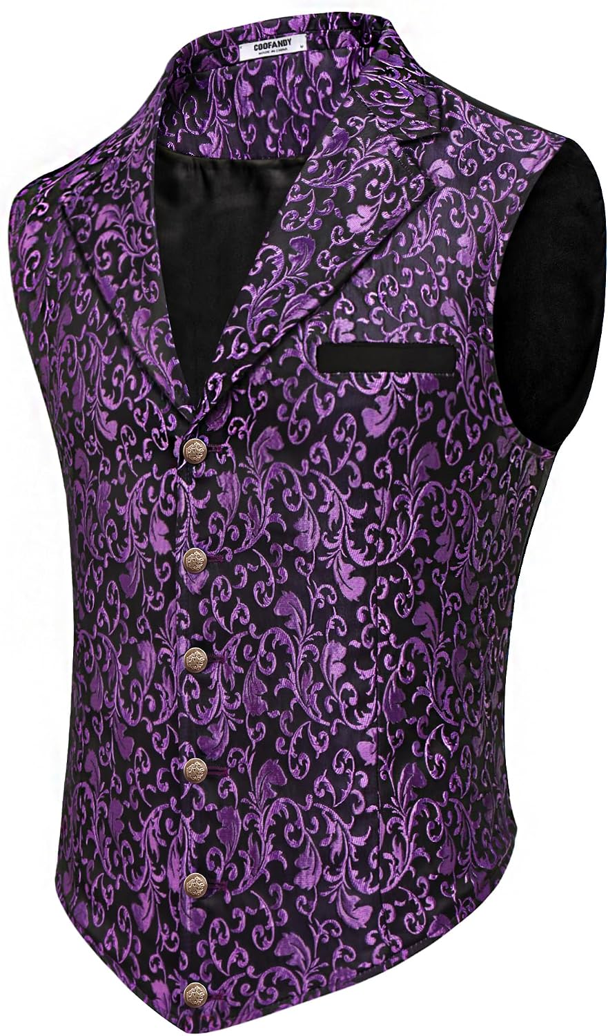 Men's Paisley Floral Suit Vest - Victorian Gothic Waistcoat with Notched Lapels for Tuxedo Wear - Medium