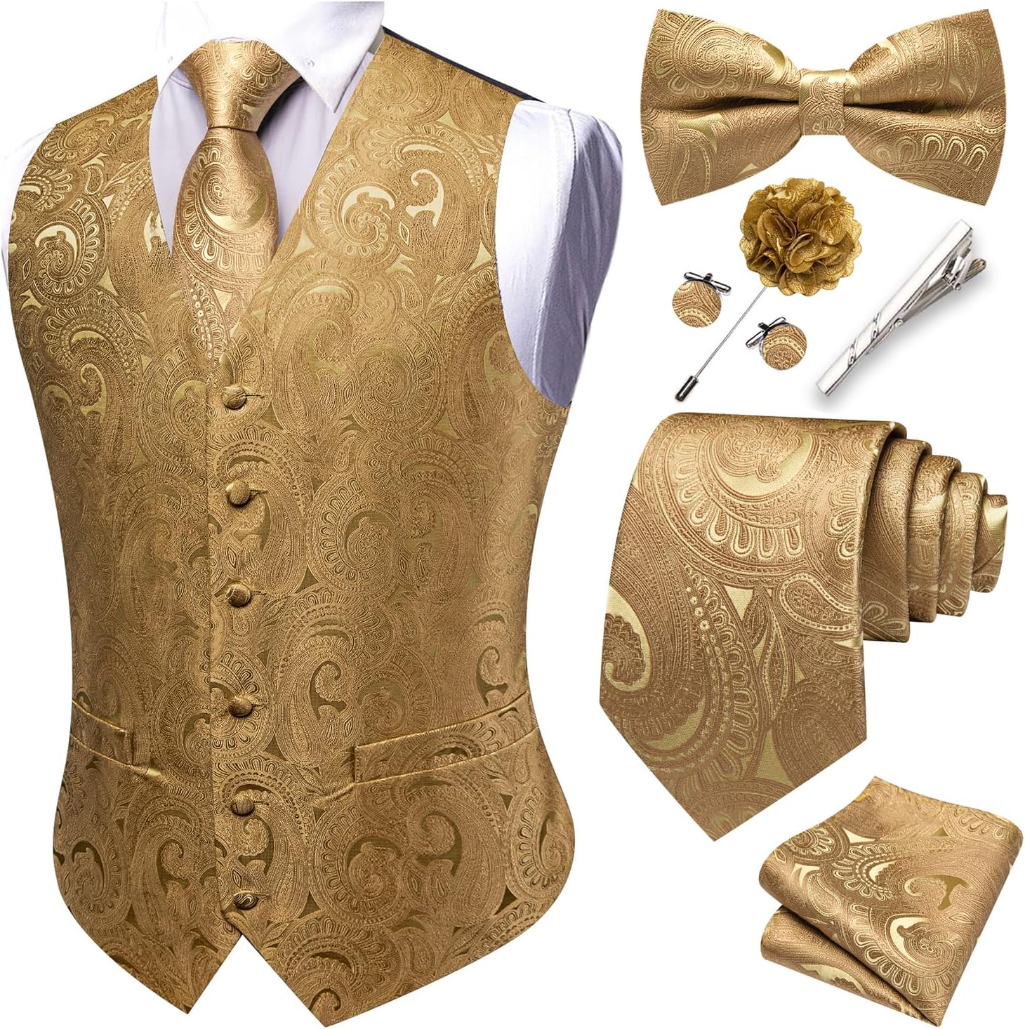 Men's Eight-Piece Suit Vest Set - Jacquard Waistcoat with Tie, Bow Tie, Cufflinks and Lapel Pin - Large