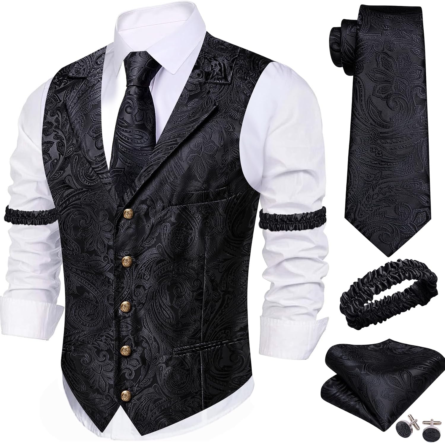 Men's Silk Paisley Suit Vest Set - Five-Piece Shawl Collar Waistcoat with Tie, Handkerchief and Cufflinks - Small