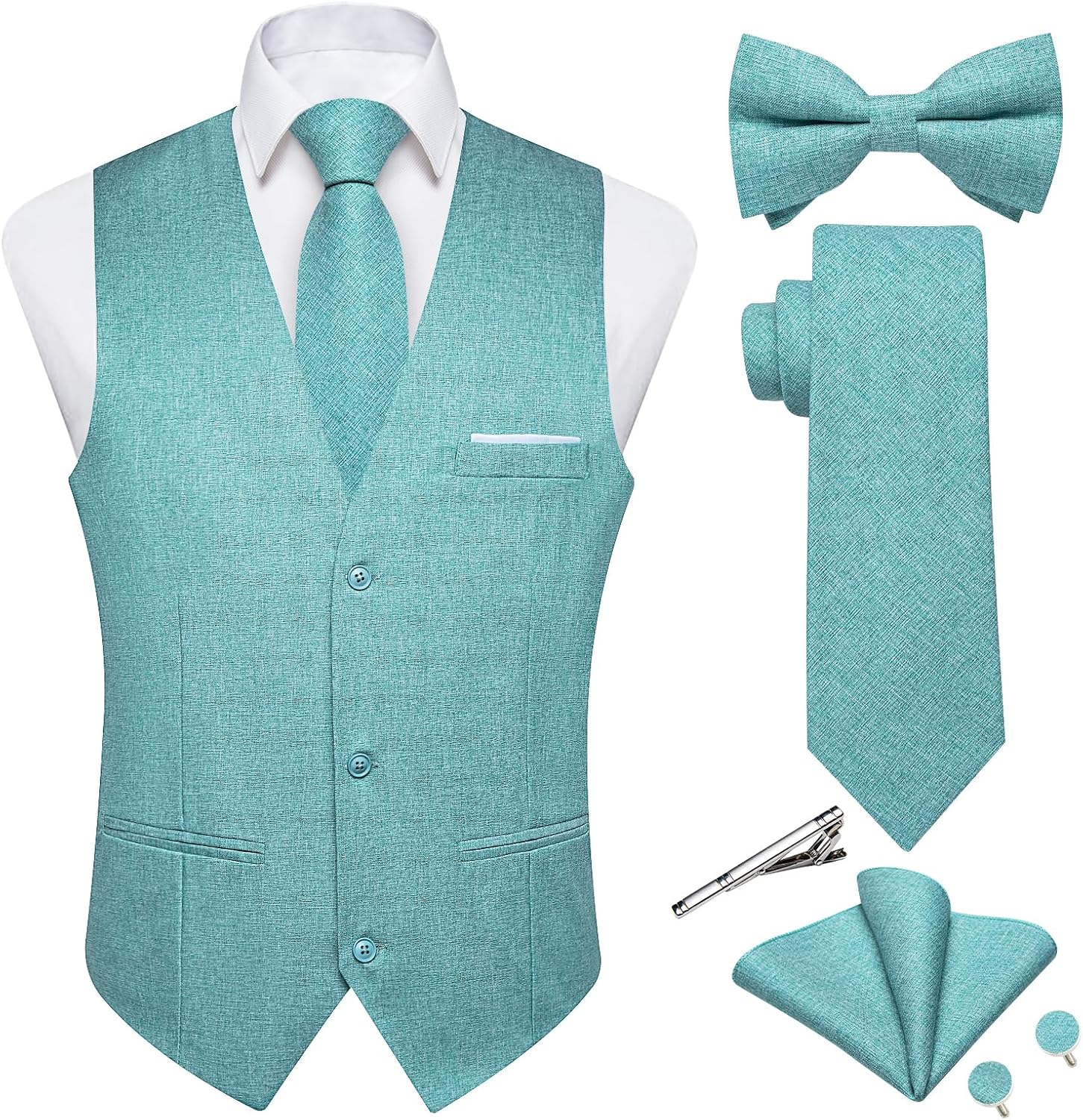 Men's Linen Suit Vest Set - Six-Piece Solid Waistcoat with Tie and Bow Tie for Weddings and Prom - Medium