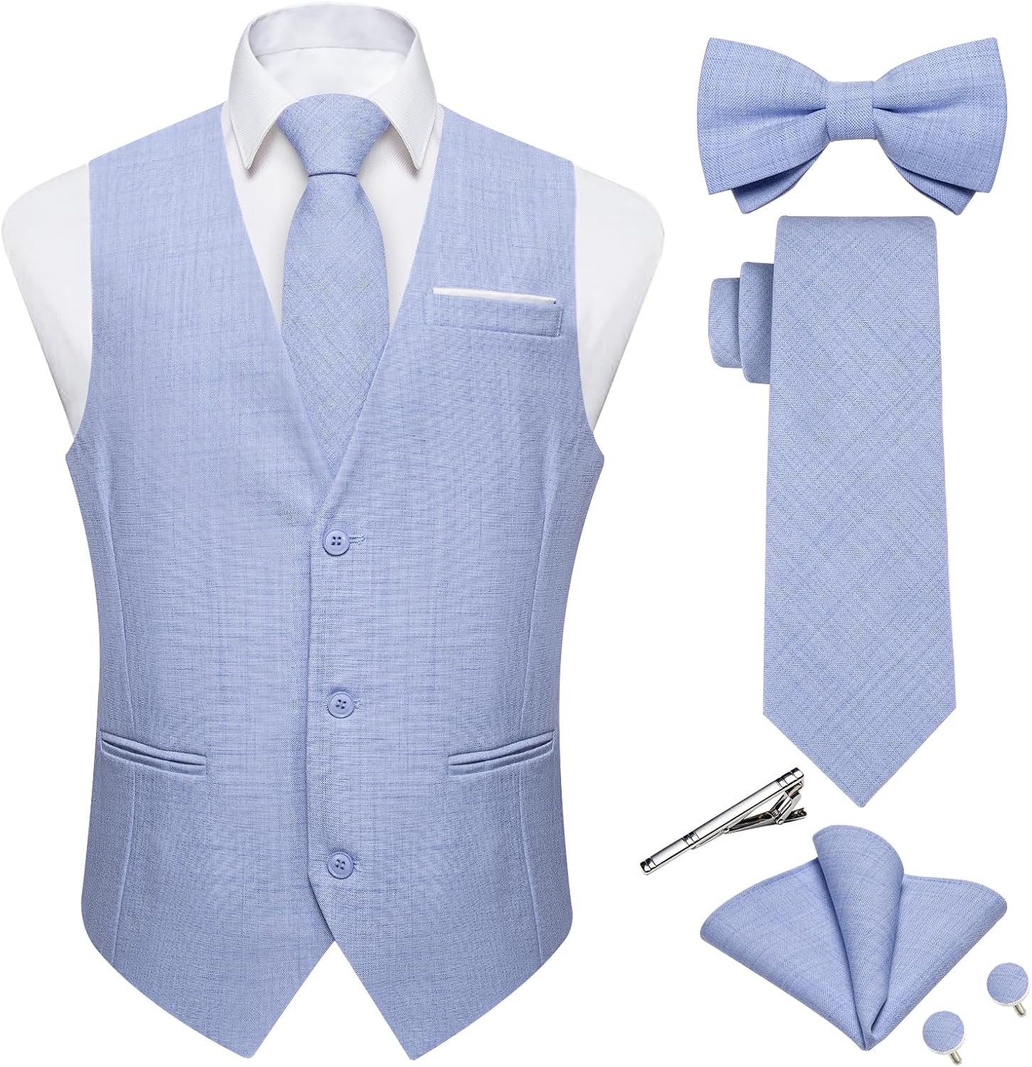 Men's Linen Suit Vest Set - Six-Piece Solid Waistcoat with Tie and Bow Tie for Weddings and Prom - Small