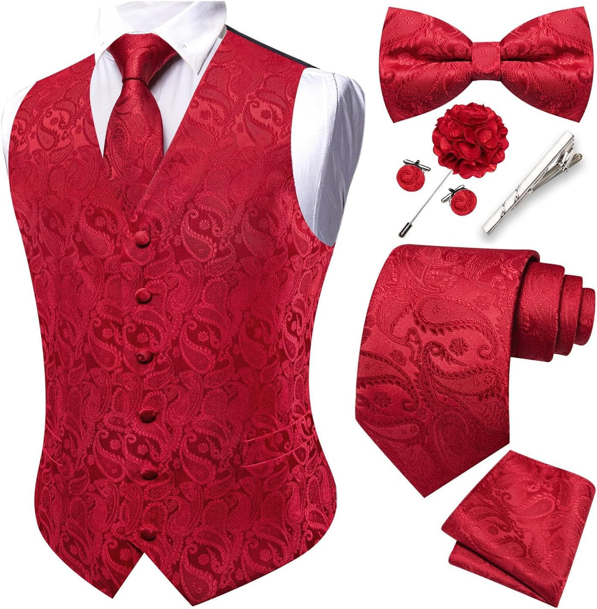 Men's Eight-Piece Suit Vest Set - Jacquard Waistcoat with Tie, Bow Tie, Cufflinks and Lapel Pin - Small