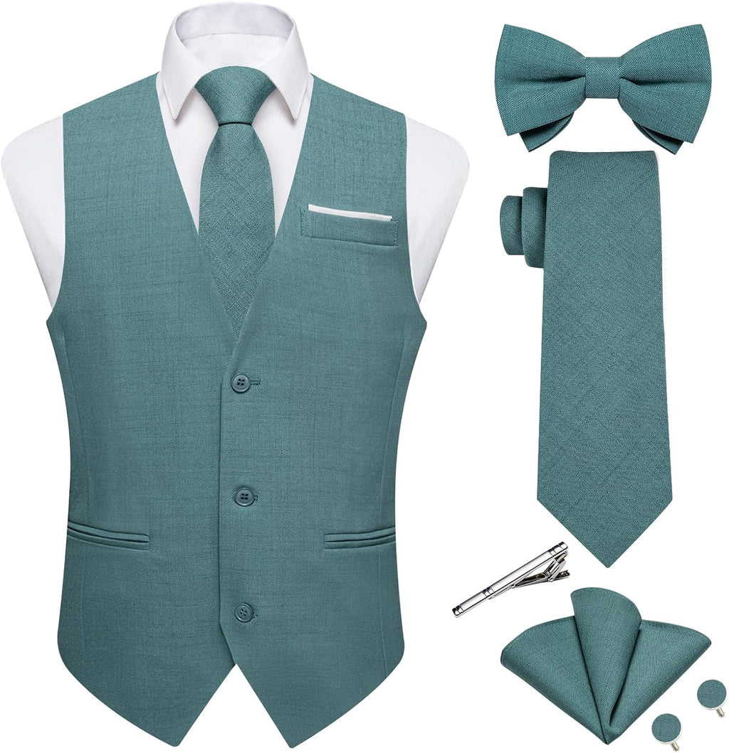 Men's Linen Suit Vest Set - Six-Piece Solid Waistcoat with Tie and Bow Tie for Weddings and Prom - Medium