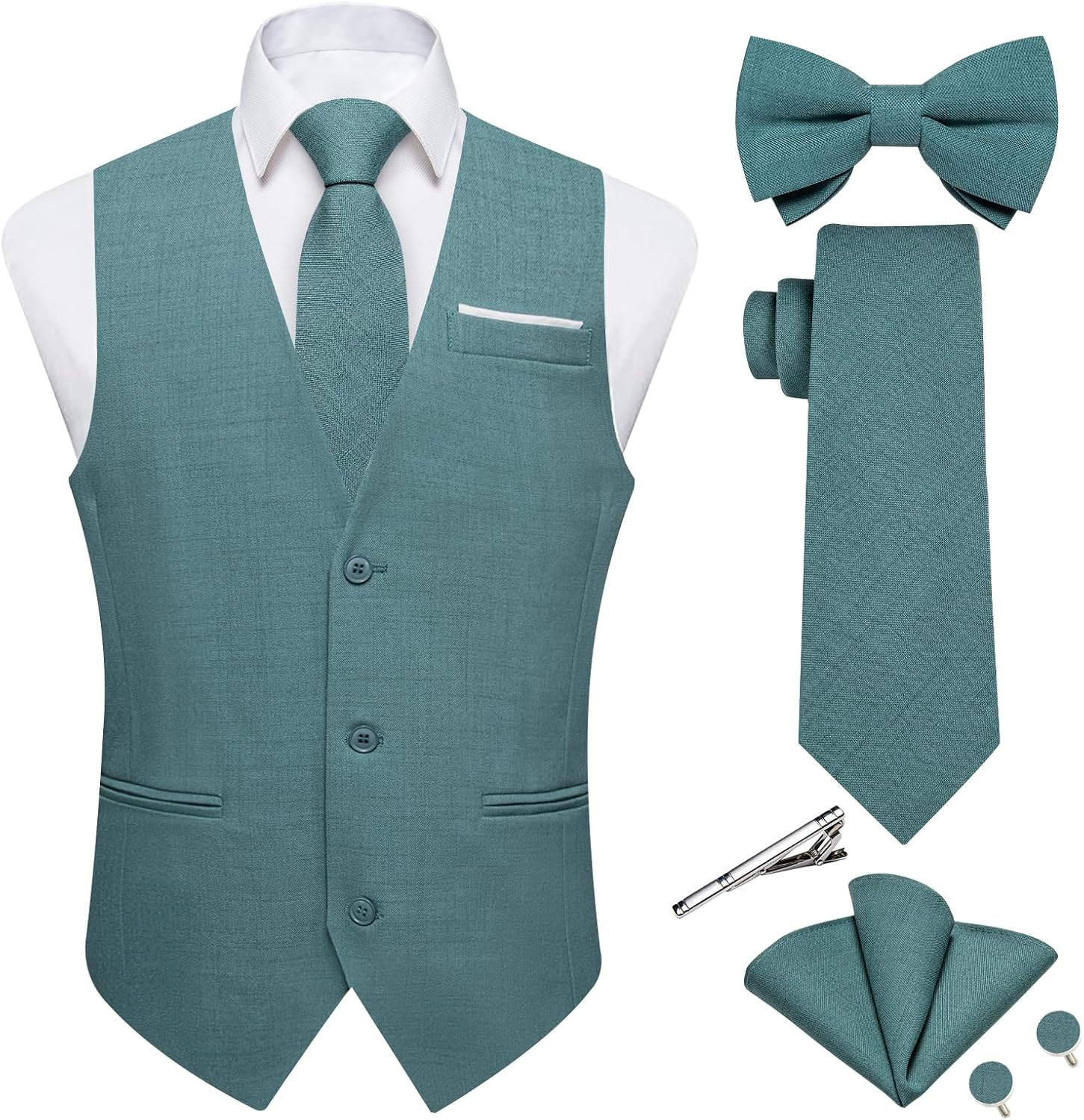 Men's Linen Suit Vest Set - Six-Piece Solid Waistcoat with Tie and Bow Tie for Weddings and Prom - Medium