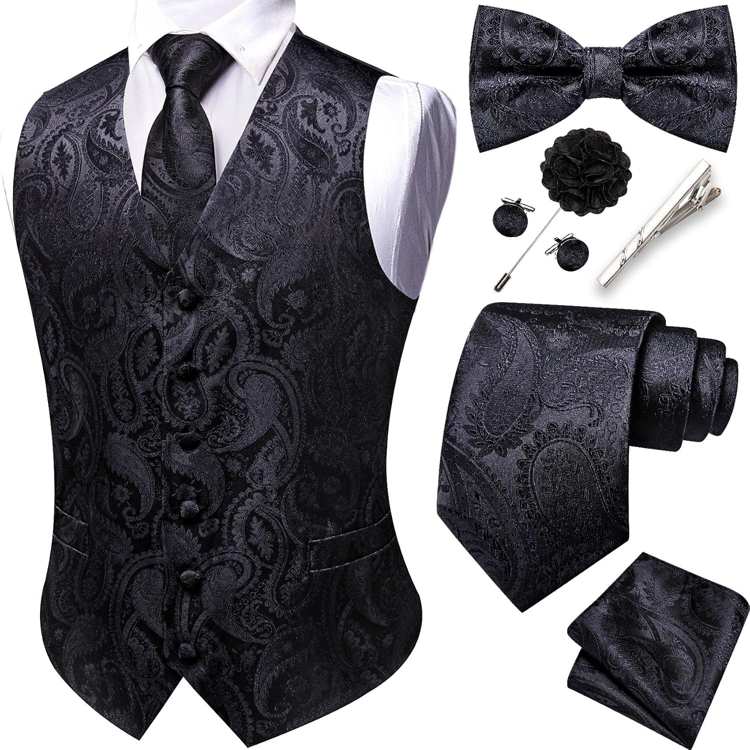 Men's Eight-Piece Suit Vest Set - Jacquard Waistcoat with Tie, Bow Tie, Cufflinks and Lapel Pin - Medium