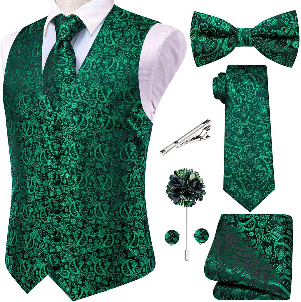 Men's Silk Jacquard Suit Vest Set - Five-Piece Slim Fit Waistcoat, Tie and Bow Tie for Weddings - Medium