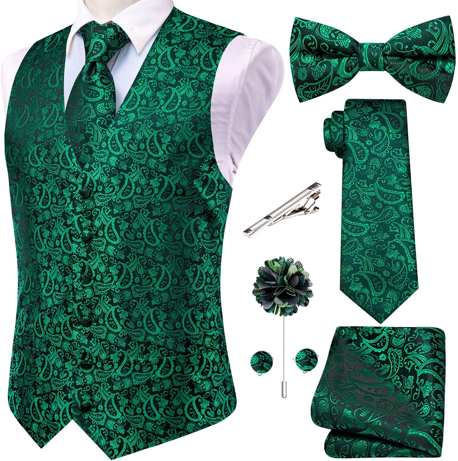 Men's Silk Jacquard Suit Vest Set - Five-Piece Slim Fit Waistcoat, Tie and Bow Tie for Weddings - Medium