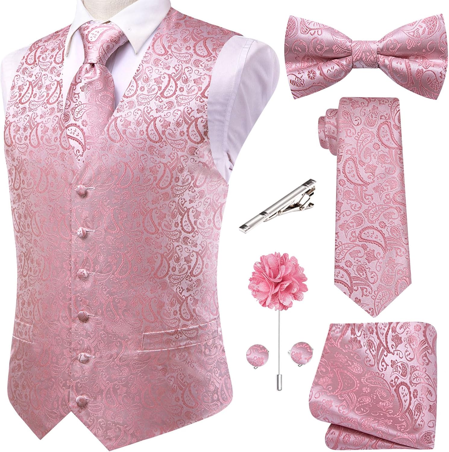 Men's Silk Jacquard Suit Vest Set - Five-Piece Slim Fit Waistcoat, Tie and Bow Tie for Weddings - Medium