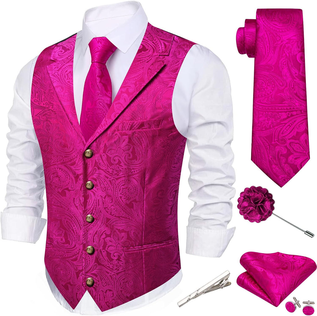 Men's Silk Paisley Suit Vest Set - Five-Piece Shawl Collar Waistcoat with Tie, Handkerchief and Cufflinks - Large (31)