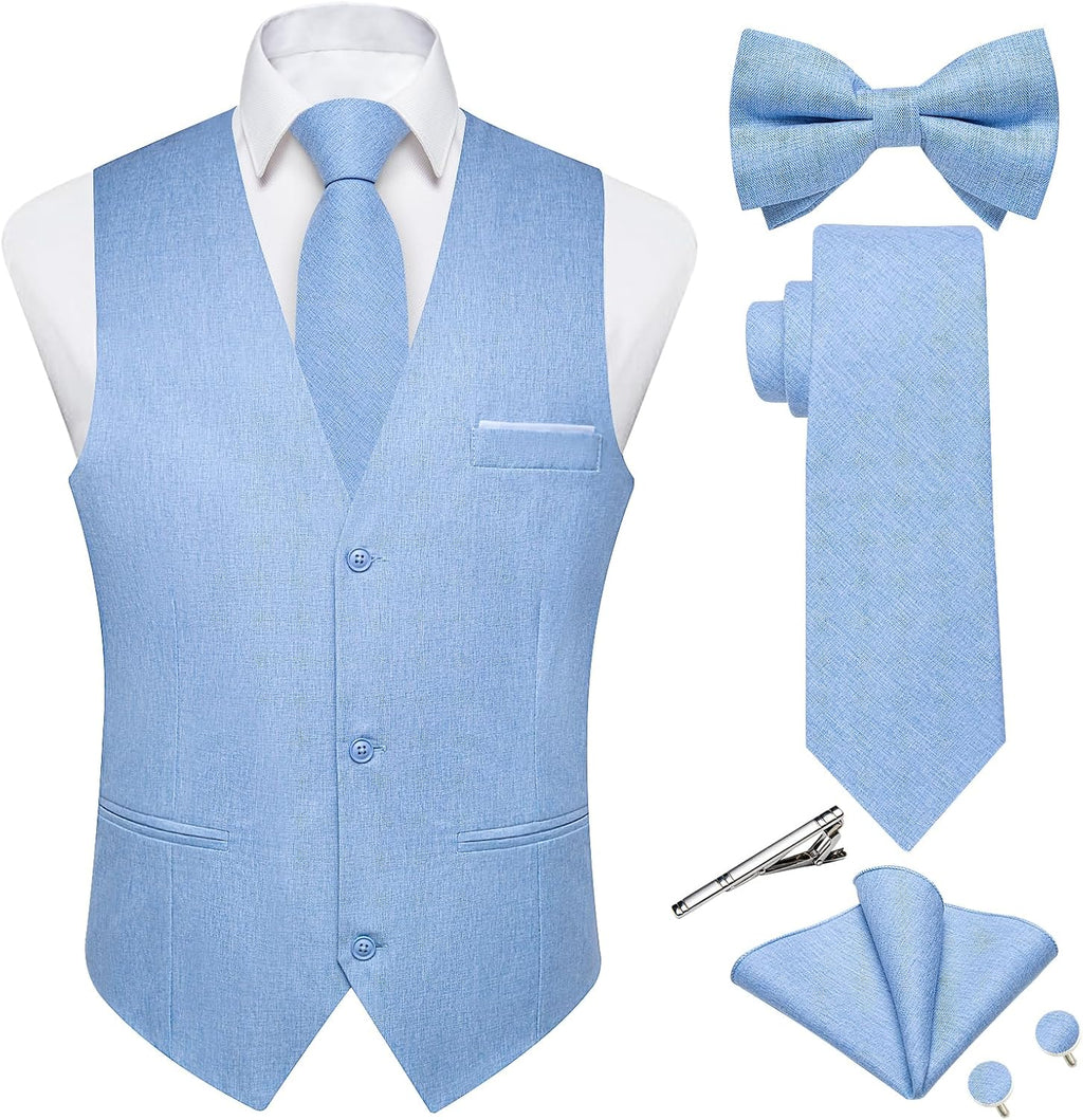 Men's Linen Suit Vest Set - Six-Piece Solid Waistcoat with Tie and Bow Tie for Weddings and Prom - Medium