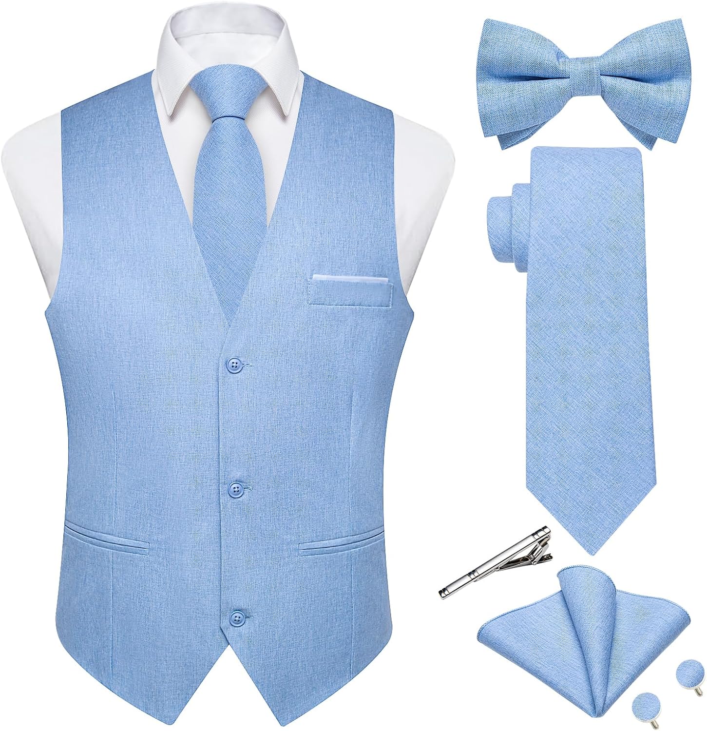 Men's Linen Suit Vest Set - Six-Piece Solid Waistcoat with Tie and Bow Tie for Weddings and Prom - Medium