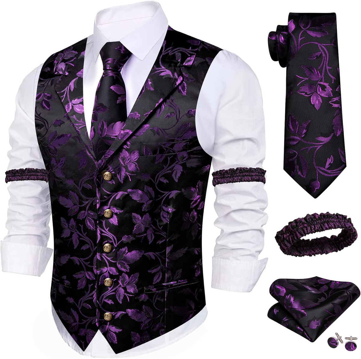 Men's Silk Paisley Suit Vest Set - Five-Piece Shawl Collar Waistcoat with Tie, Handkerchief and Cufflinks - Small