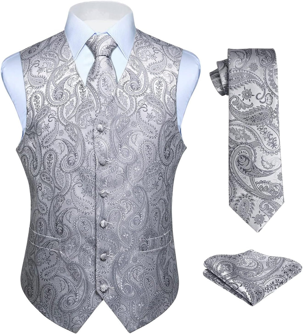 Men's Three-Piece Vest and Tie Set - Paisley Jacquard Waistcoat with Necktie and Pocket Square - Small (11)