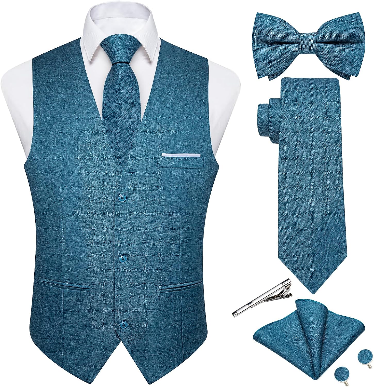 Men's Linen Suit Vest Set - Six-Piece Solid Waistcoat with Tie and Bow Tie for Weddings and Prom - Large