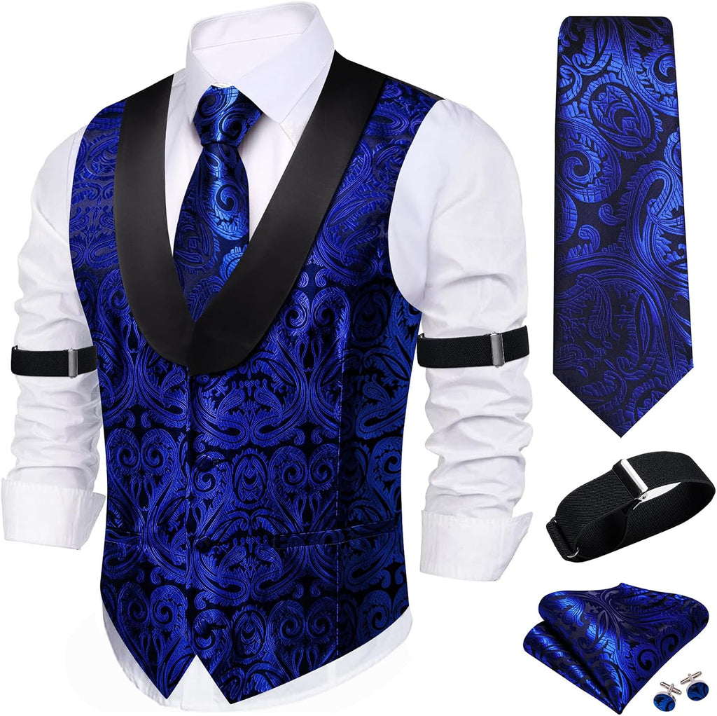 Men's Silk Paisley Suit Vest Set - Five-Piece Shawl Collar Waistcoat with Tie, Handkerchief and Cufflinks - Large (28)