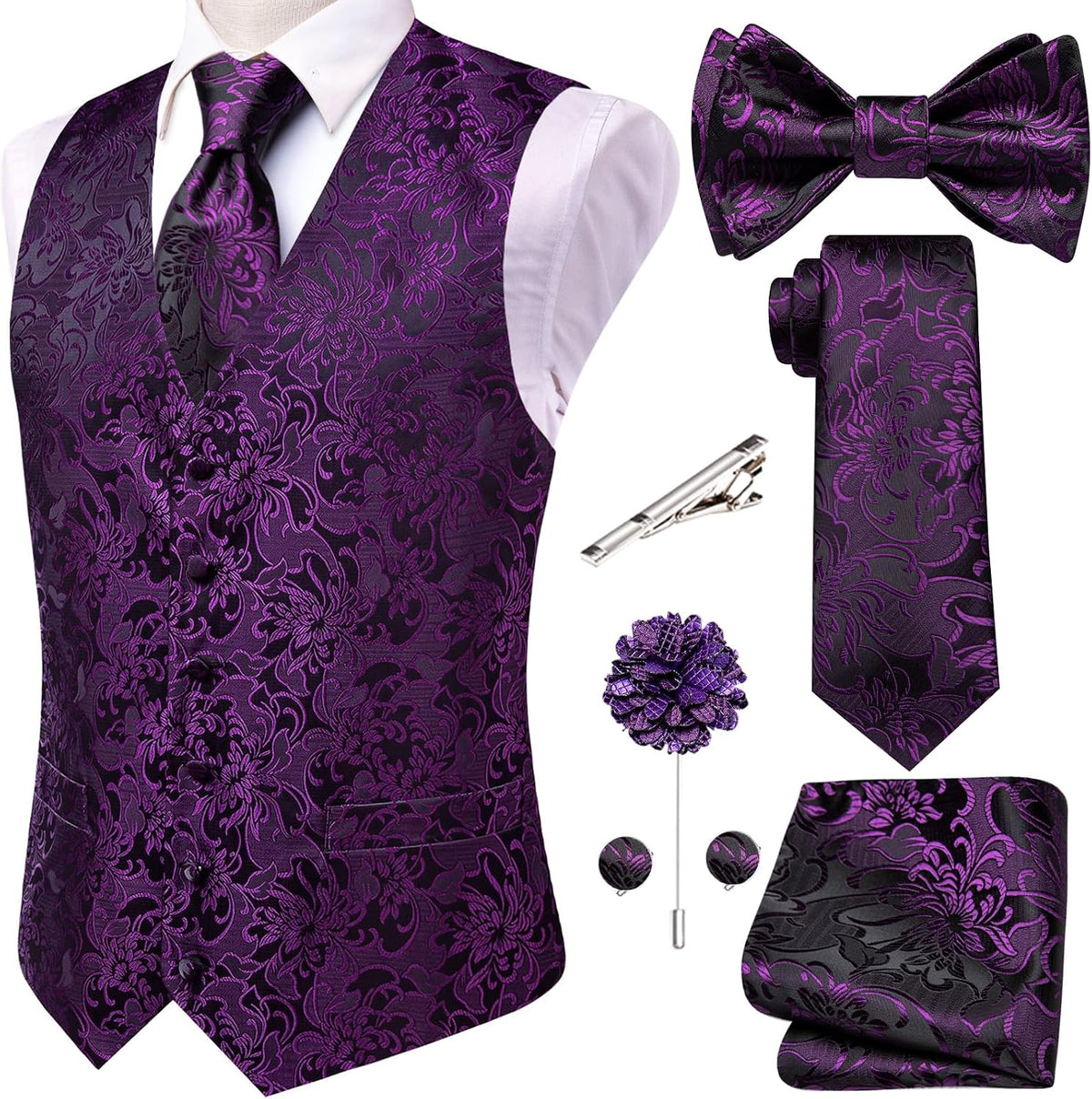 Men's Silk Jacquard Suit Vest Set - Five-Piece Slim Fit Waistcoat, Tie and Bow Tie for Weddings - Large (31)