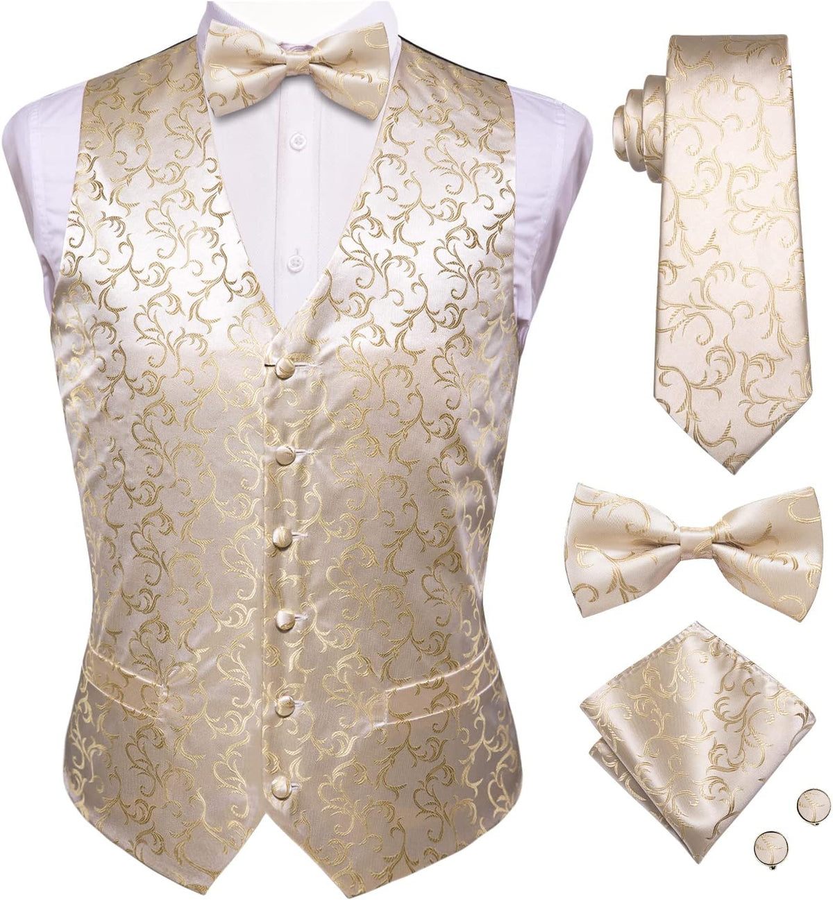 Men's Silk Jacquard Suit Vest Set - Five-Piece Slim Fit Waistcoat, Tie and Bow Tie for Weddings - XX-Large