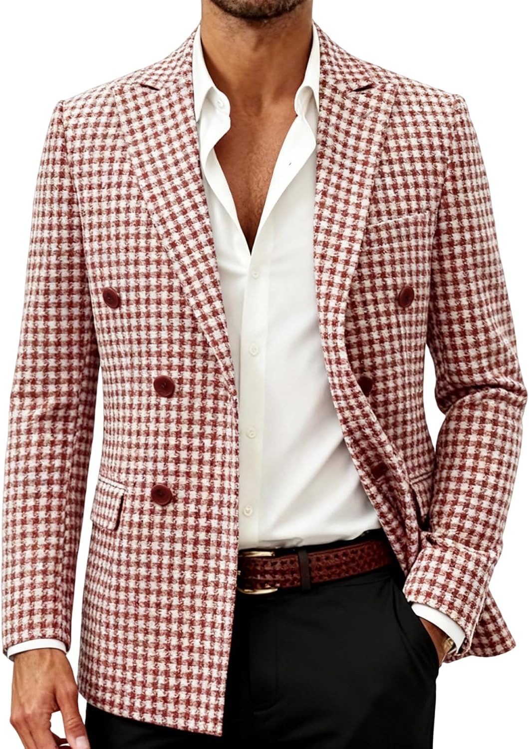 Men's Houndstooth Suit Jacket - Slim Fit Double-Breasted Lapel Coat for Parties and Tuxedo Events - Small