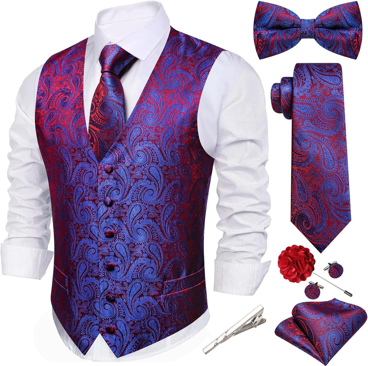 Men's Eight-Piece Suit Vest Set - Jacquard Waistcoat with Tie, Bow Tie, Cufflinks and Lapel Pin - Medium