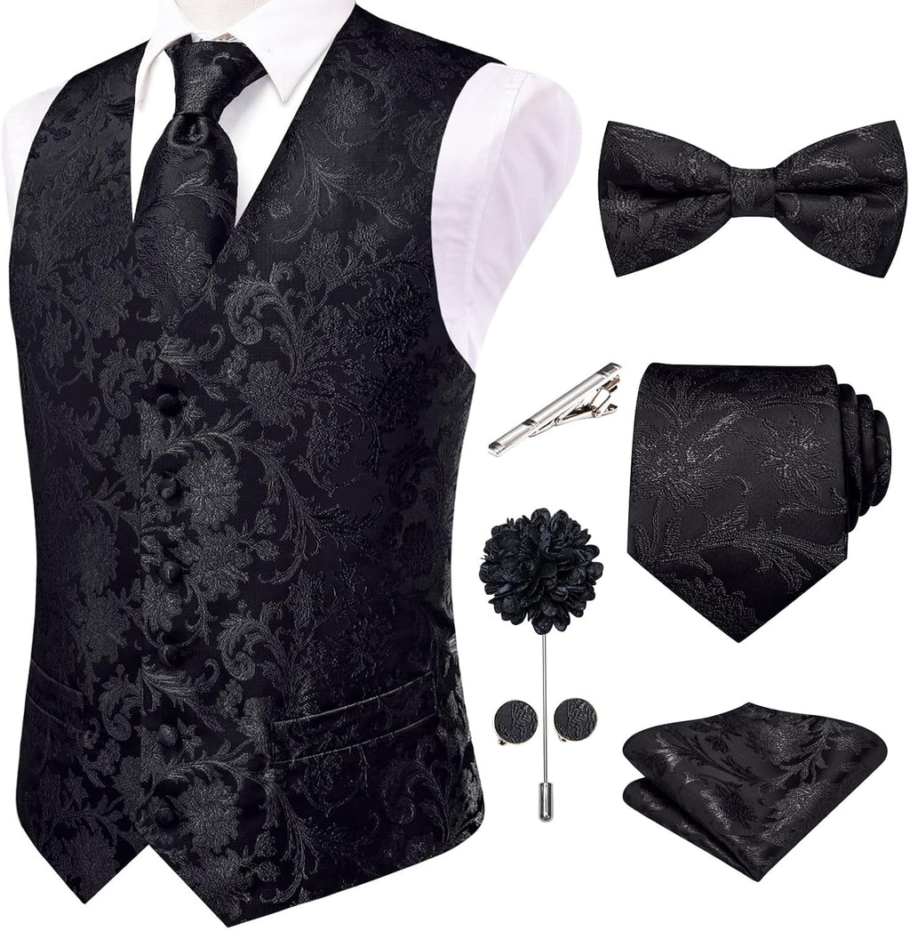Men's Silk Jacquard Suit Vest Set - Five-Piece Slim Fit Waistcoat, Tie and Bow Tie for Weddings - Large