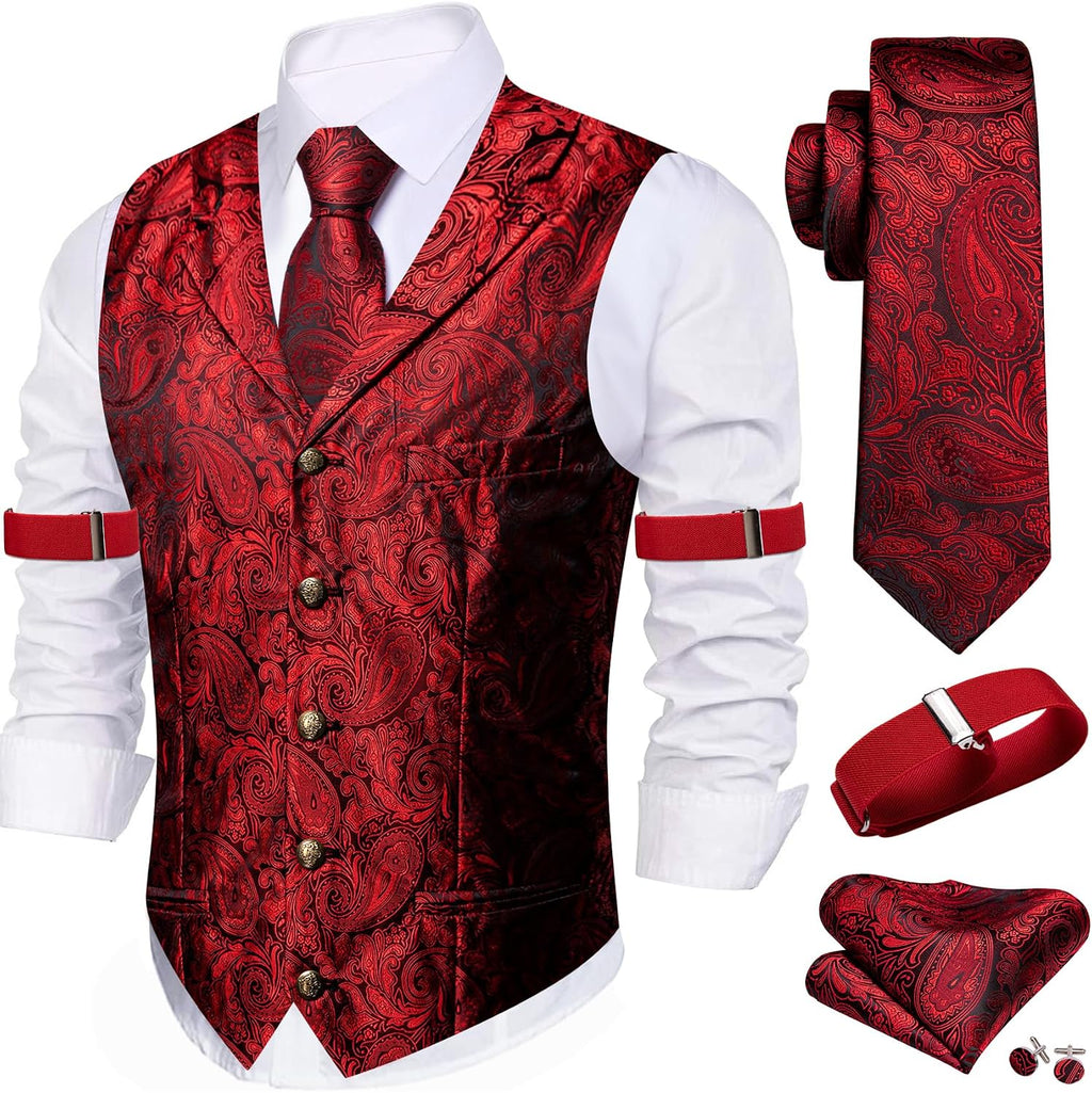 Men's Silk Paisley Suit Vest Set - Five-Piece Shawl Collar Waistcoat with Tie, Handkerchief and Cufflinks - Large