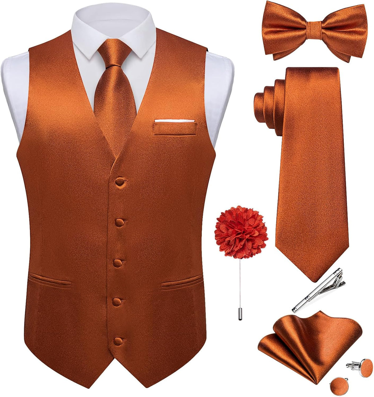 Men's Satin Suit Vest and Tie Set - Eight-Piece Solid Waistcoat, Bow Tie and Lapel Pin for Weddings - Medium