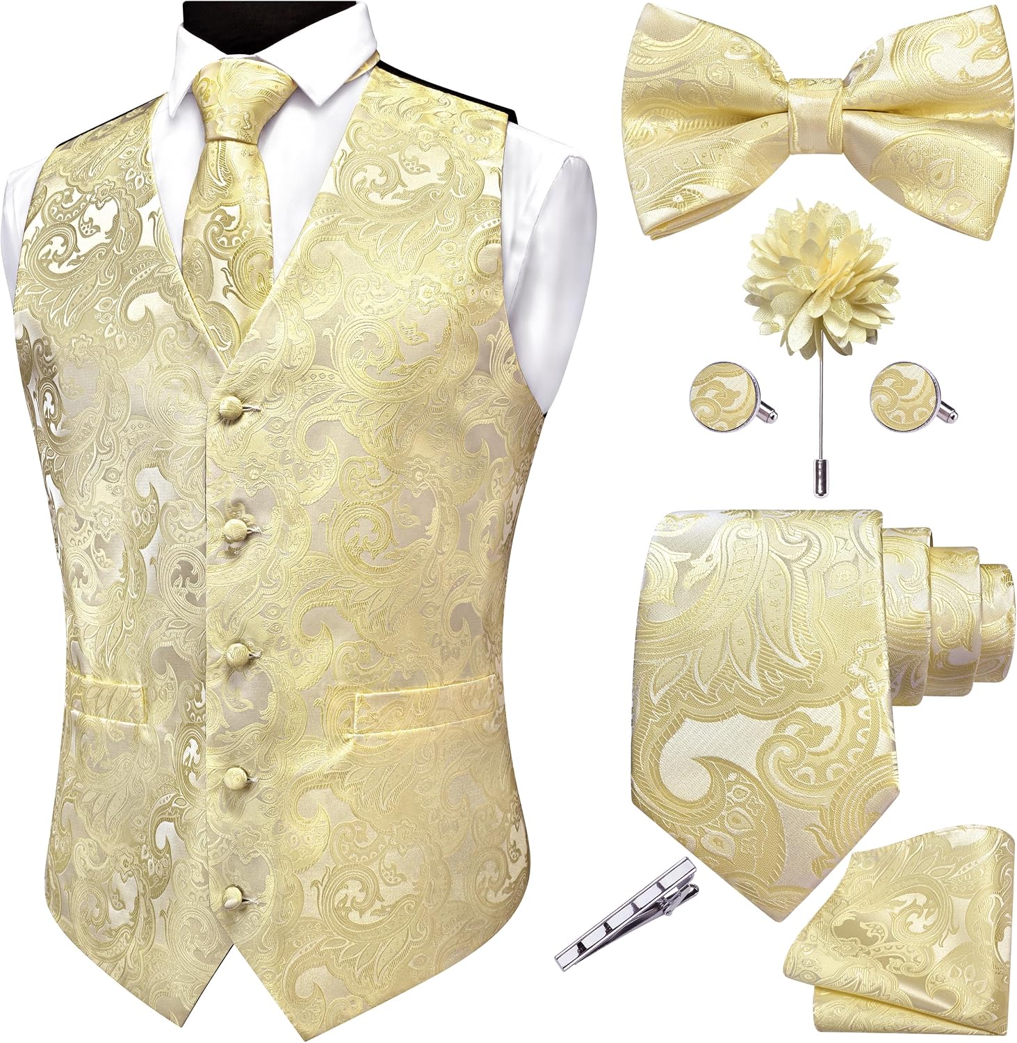 Men's Seven-Piece Suit Vest Set - Paisley Jacquard V-Neck Waistcoat with Tie, Bow Tie and Hanky - Large