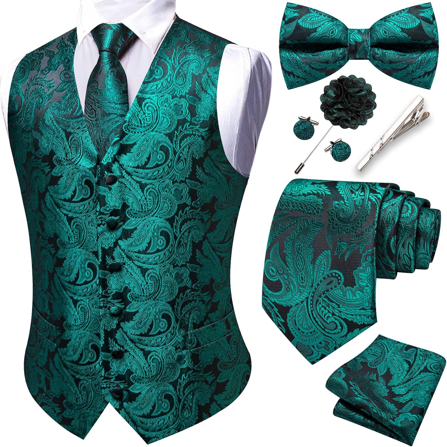 Men's Eight-Piece Suit Vest Set - Jacquard Waistcoat with Tie, Bow Tie, Cufflinks and Lapel Pin - Small