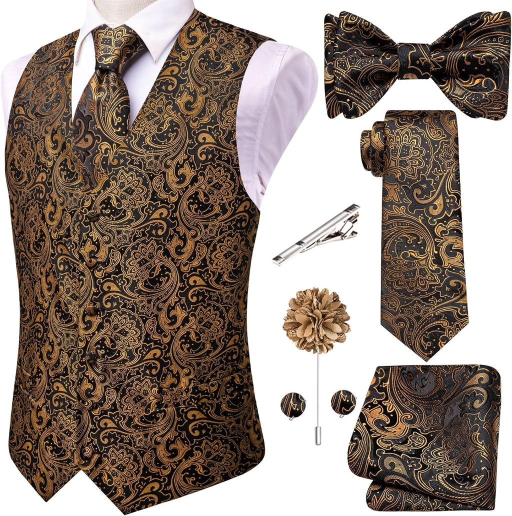 Men's Silk Jacquard Suit Vest Set - Five-Piece Slim Fit Waistcoat, Tie and Bow Tie for Weddings - Large