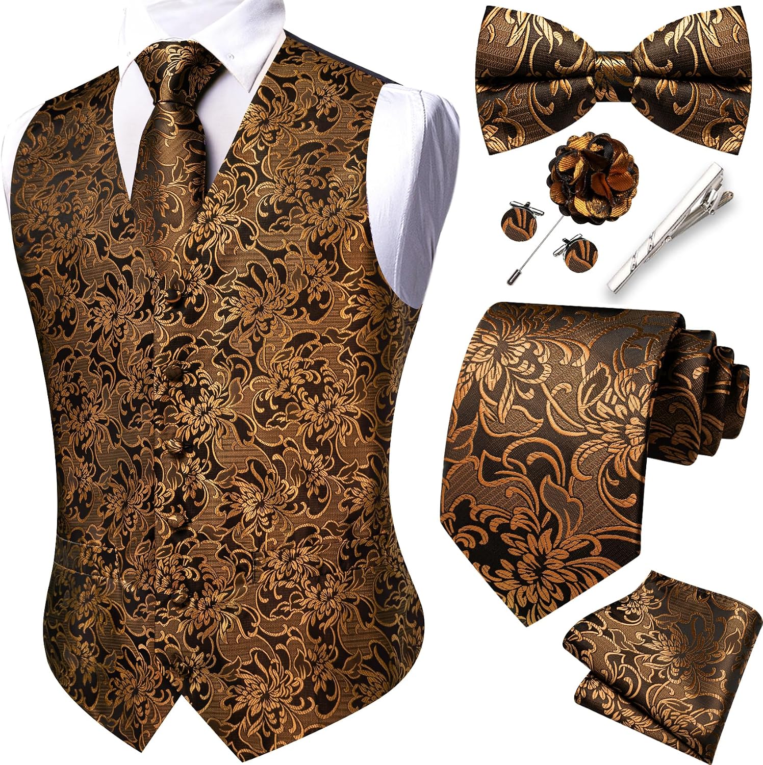Men's Eight-Piece Suit Vest Set - Jacquard Waistcoat with Tie, Bow Tie, Cufflinks and Lapel Pin - Small