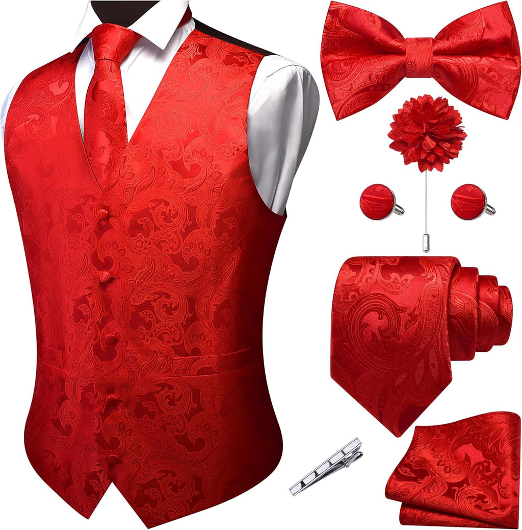 Men's Seven-Piece Suit Vest Set - Paisley Jacquard V-Neck Waistcoat with Tie, Bow Tie and Hanky - Medium