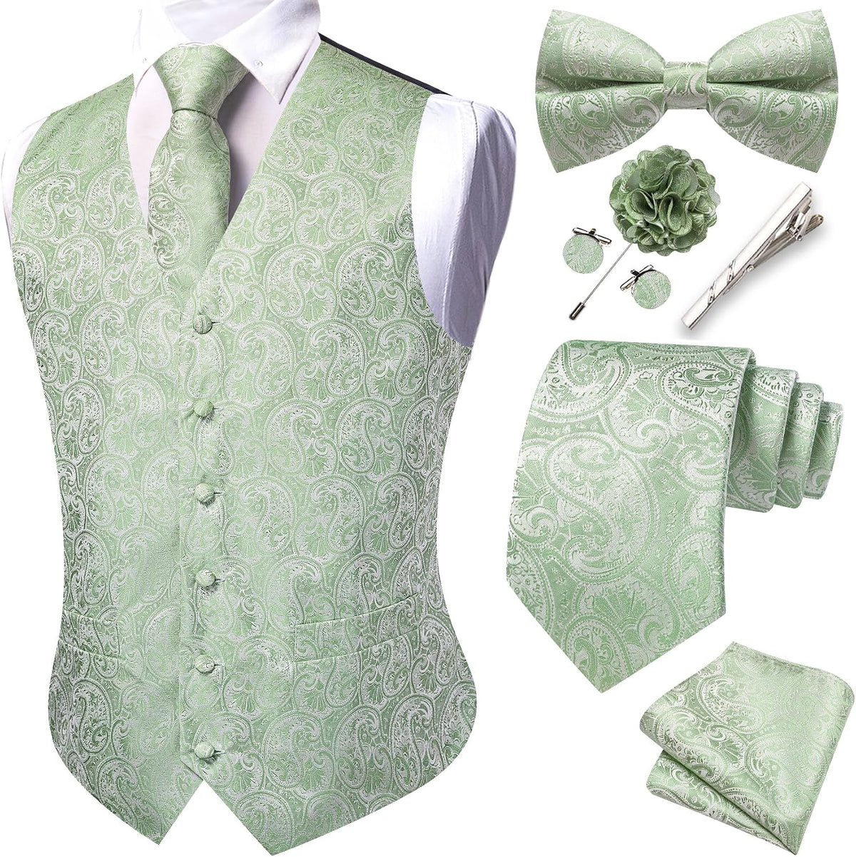 Men's Eight-Piece Suit Vest Set - Jacquard Waistcoat with Tie, Bow Tie, Cufflinks and Lapel Pin - Medium