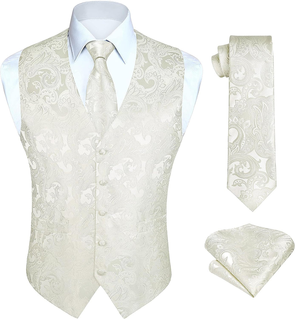 Men's Three-Piece Vest and Tie Set - Paisley Jacquard Waistcoat with Necktie and Pocket Square - Medium