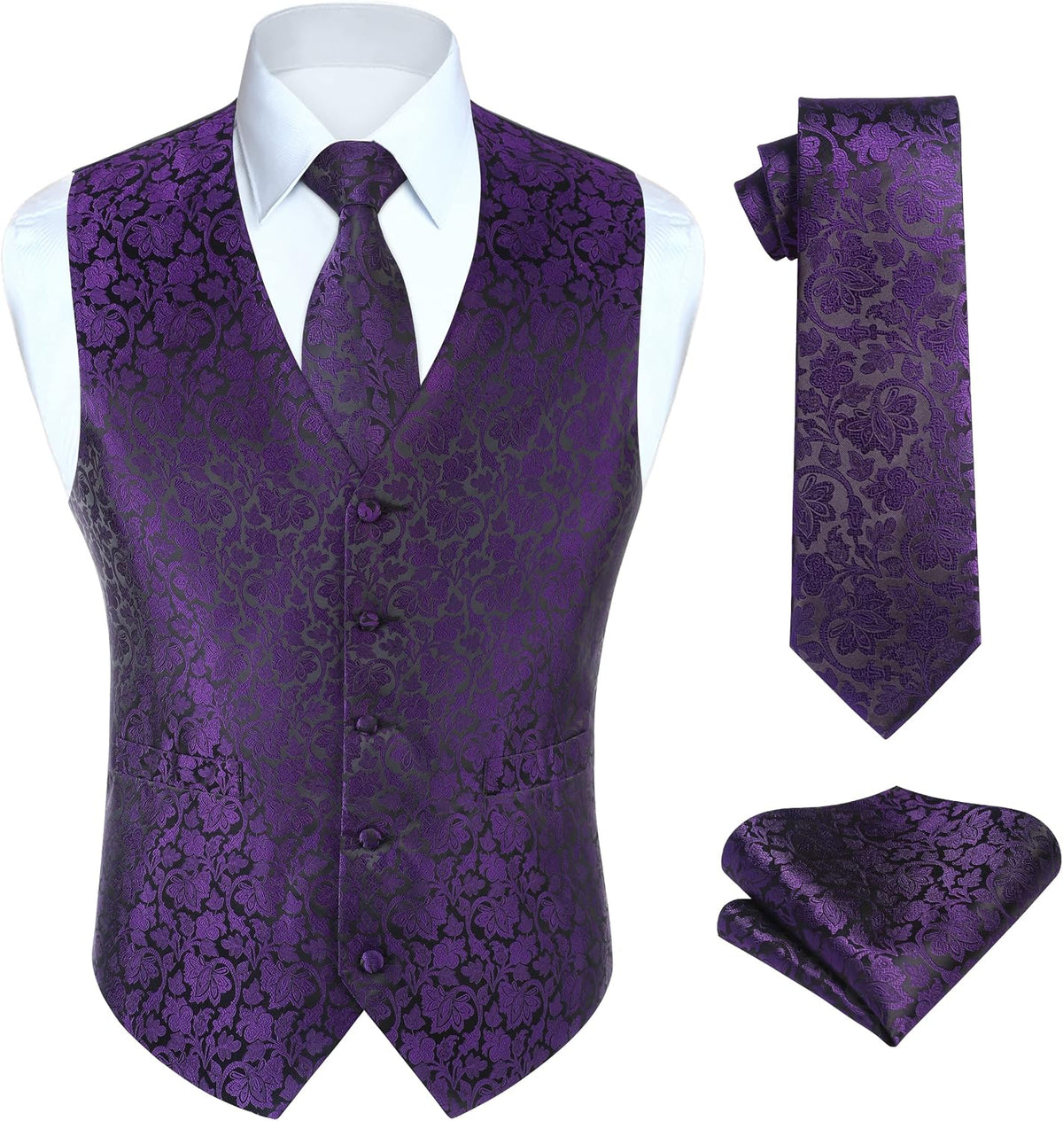 Men's Three-Piece Vest and Tie Set - Paisley Jacquard Waistcoat with Necktie and Pocket Square - Small