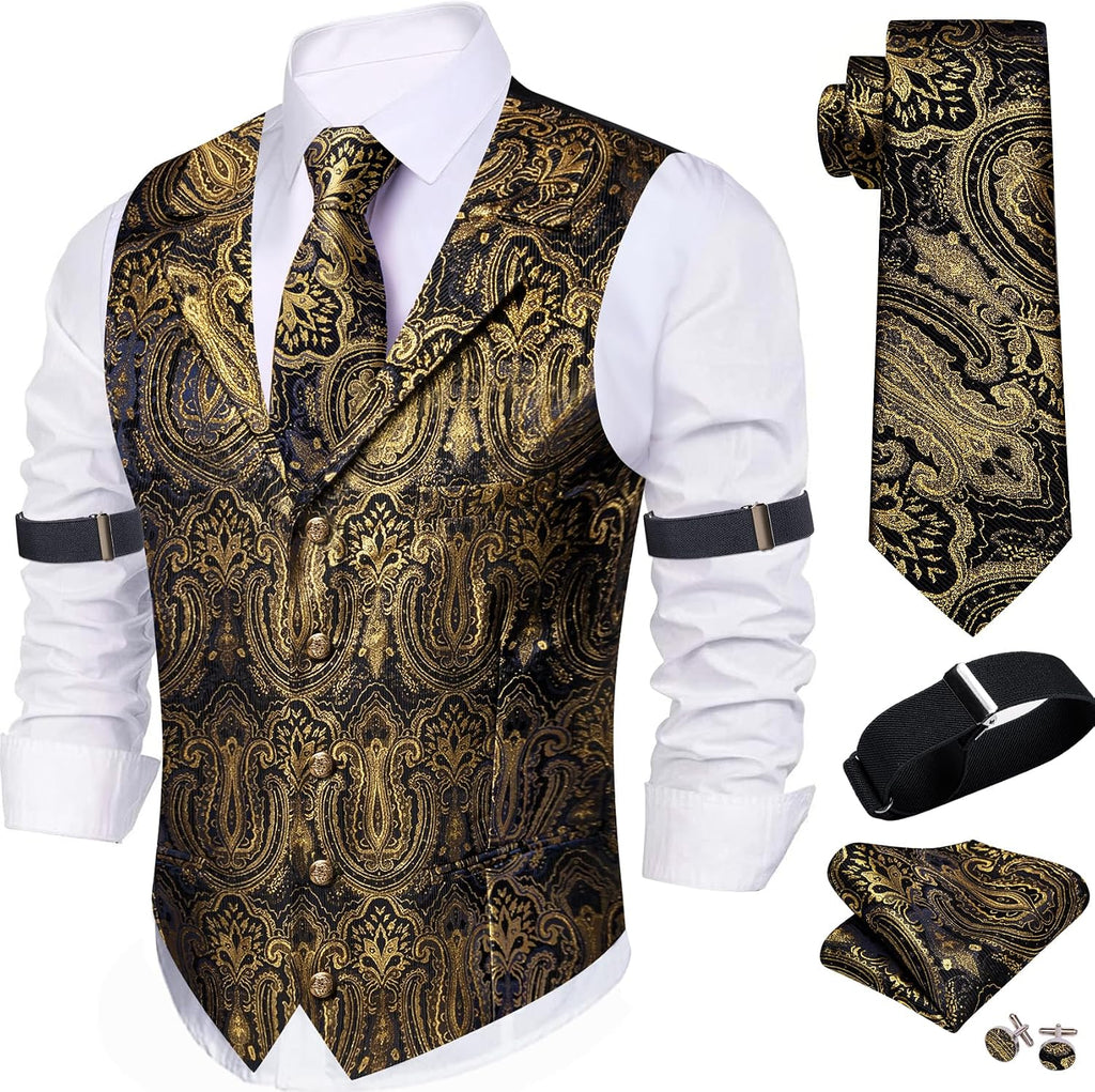 Men's Silk Paisley Suit Vest Set - Five-Piece Shawl Collar Waistcoat with Tie, Handkerchief and Cufflinks - Small