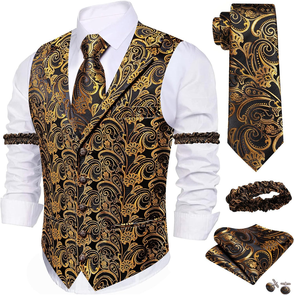 Men's Silk Paisley Suit Vest Set - Five-Piece Shawl Collar Waistcoat with Tie, Handkerchief and Cufflinks - Medium
