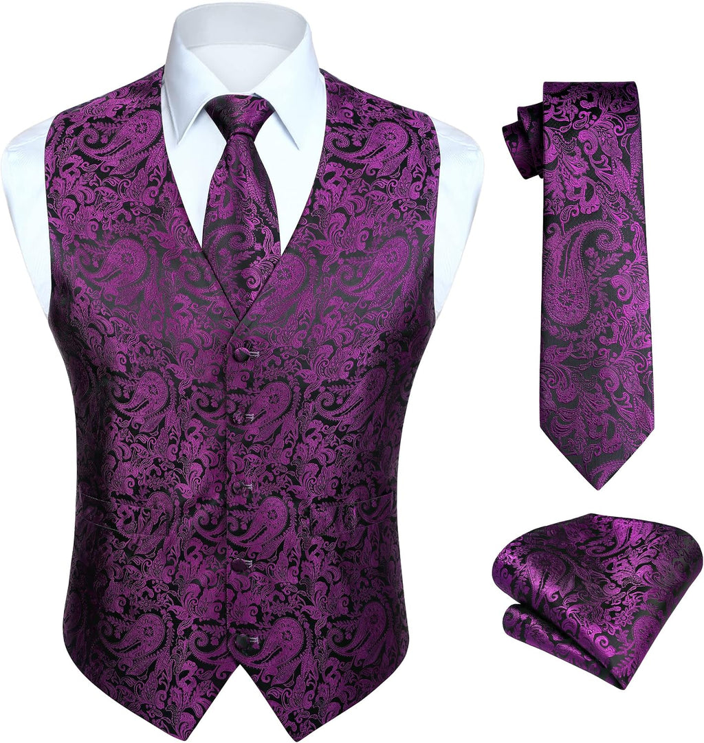 Men's Three-Piece Vest and Tie Set - Paisley Jacquard Waistcoat with Necktie and Pocket Square - Small (16)