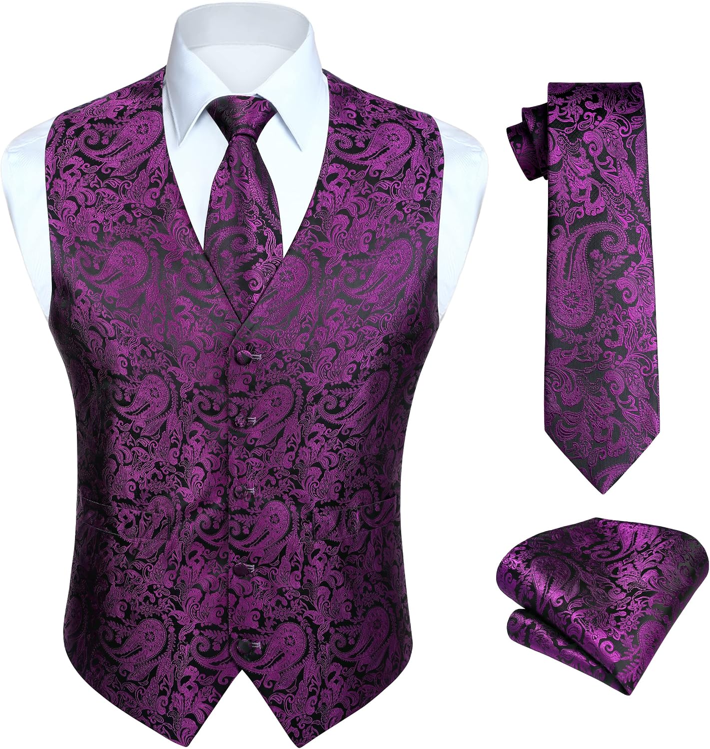 Men's Three-Piece Vest and Tie Set - Paisley Jacquard Waistcoat with Necktie and Pocket Square - Small (16)
