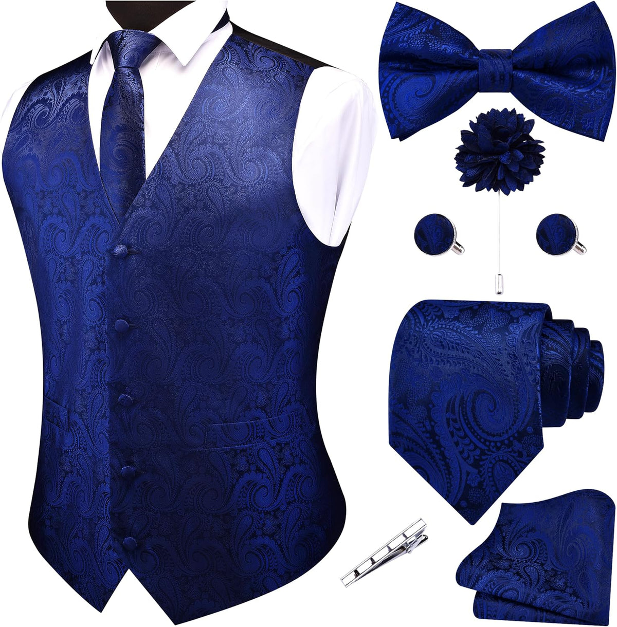 Men's Seven-Piece Suit Vest Set - Paisley Jacquard V-Neck Waistcoat with Tie, Bow Tie and Hanky - Small