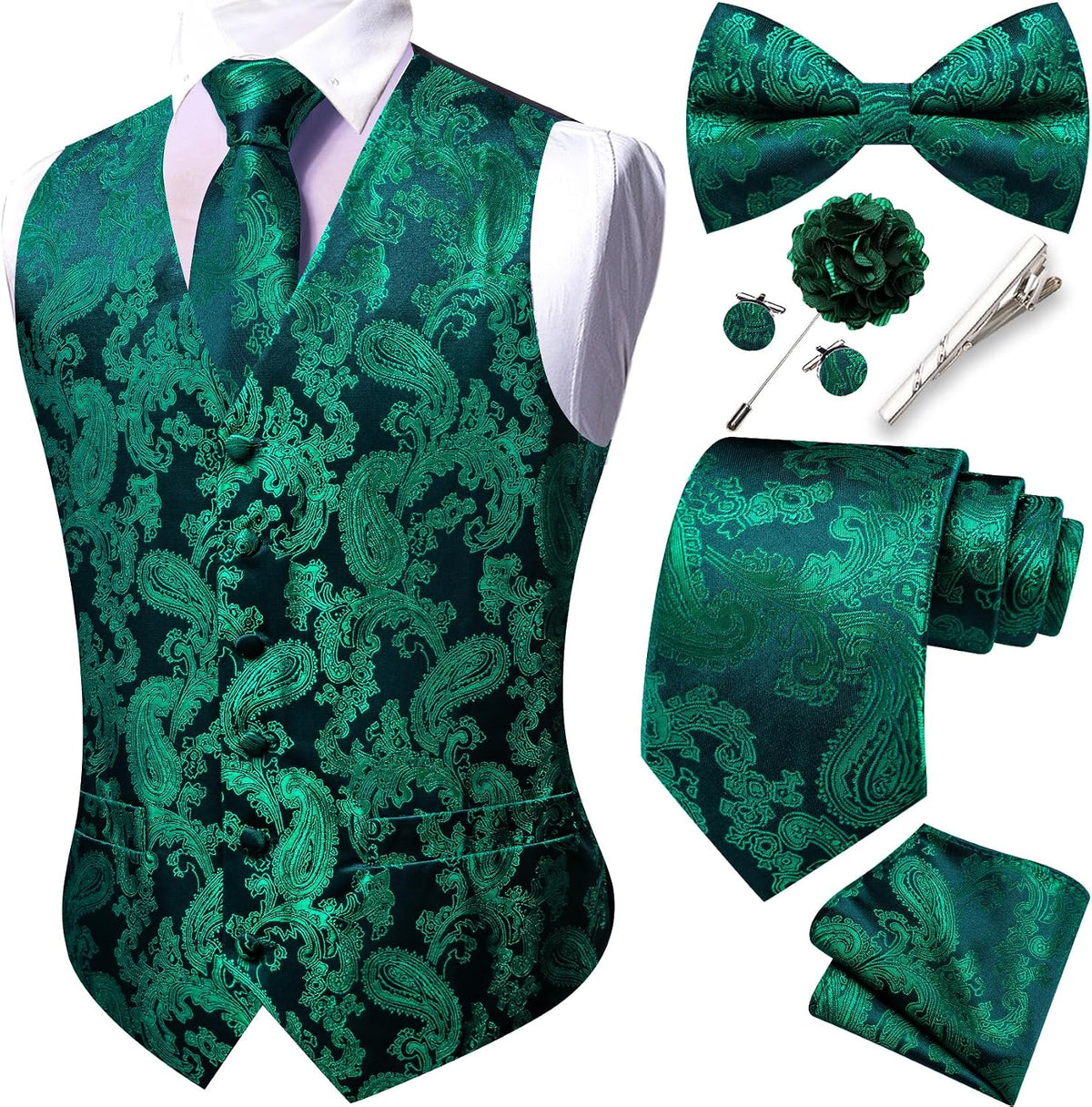 Men's Eight-Piece Suit Vest Set - Jacquard Waistcoat with Tie, Bow Tie, Cufflinks and Lapel Pin - Large (25)